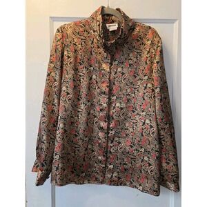 Vintage Leslie Fay Black Gold Red Paisley Button Collared Long Sleeve Blouse 18